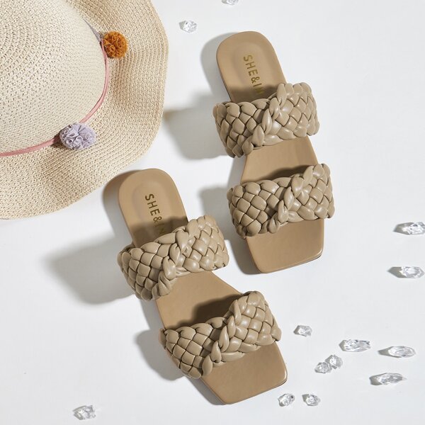 

Double Strap Braided Slide Sandals, Brown