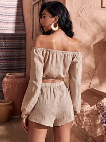 Off Shoulder Tie Front Crop Top & Shorts Set - Apricot - View 2
