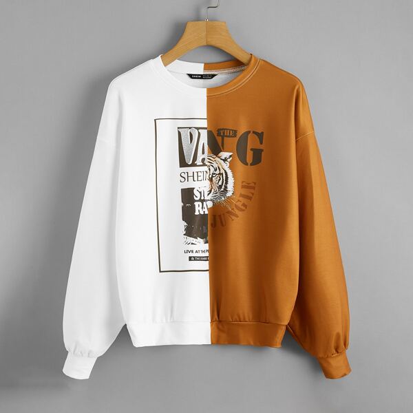 

Drop Shoulder Tiger Print Colorblock Pullover, Multicolor