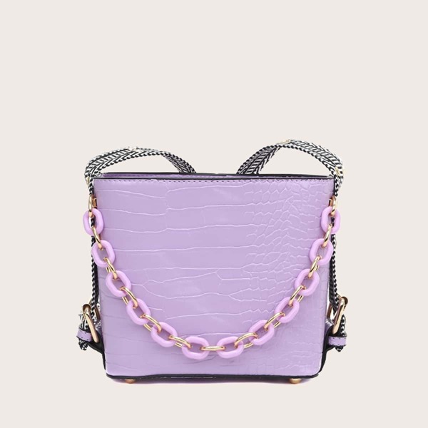 

Croc Embossed Satchel Bag With Chain Handle, Purple