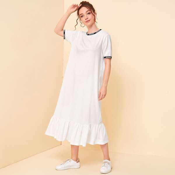 

Slogan Tape Trim Ruffle Hem Dress, White