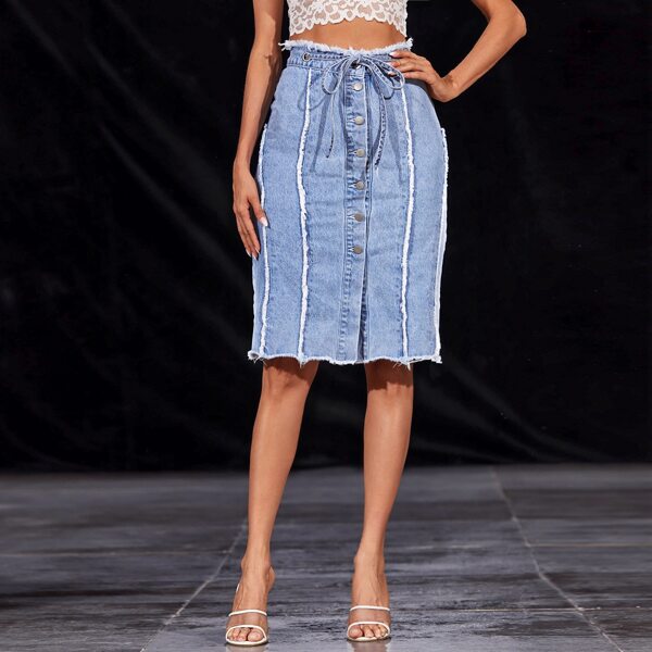 

Button Front Belted Raw Hem Denim Skirt, Medium wash
