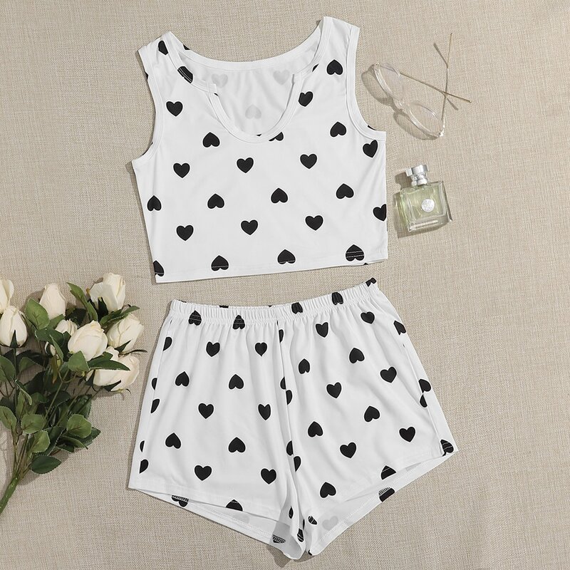 

Heart Notch Neck Tank Top PJ Set, Black and white