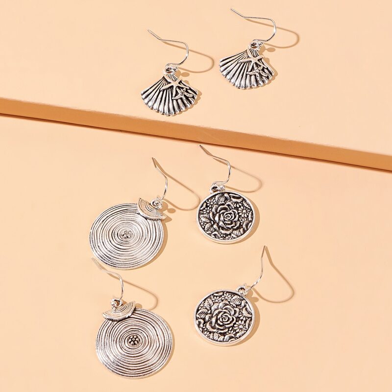 

3pairs Shell & Round Drop Earrings, Silver
