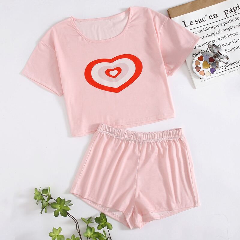 

Heart Graphic Shorts PJ Set, Pastel baby pink