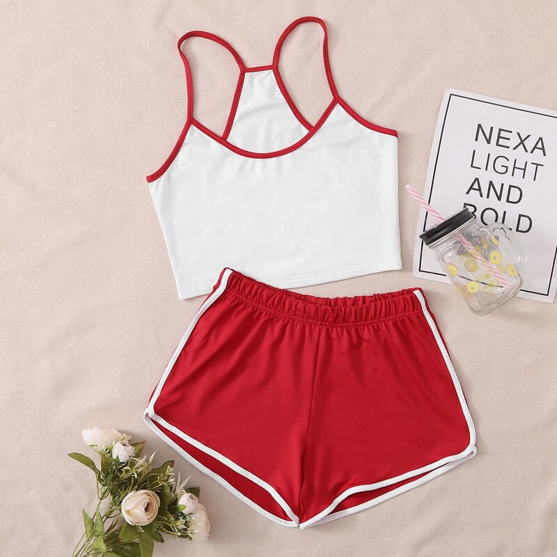 

Two Tone Ringer Cami & Shorts PJ Set, Red and white