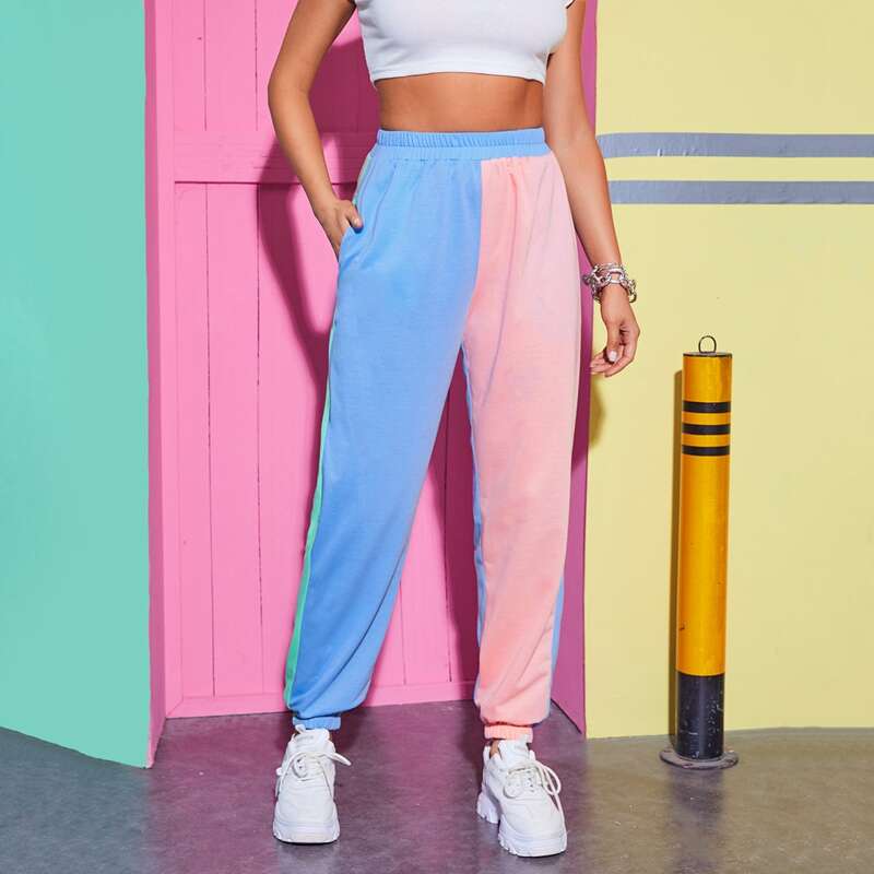 

Elastic Waist Slant Pocket Colorblock Pants, Multicolor
