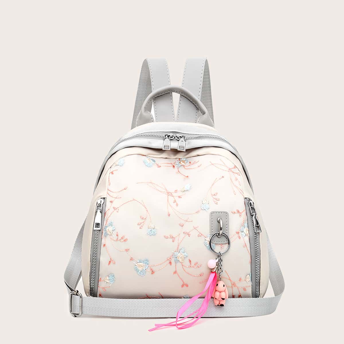 

Flower Embroidered Zipper Front Backpack, White
