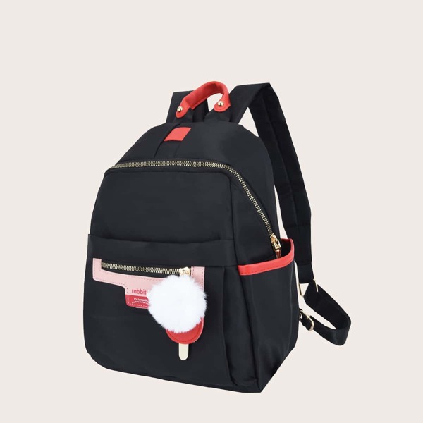 

Pom-pom Decor Zipper Front Backpack, Black
