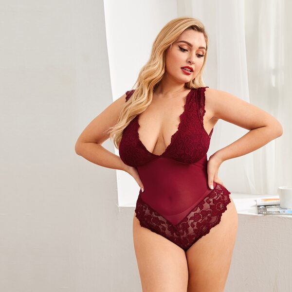 

Plus Contrast Lace Mesh Teddy Bodysuit, Burgundy