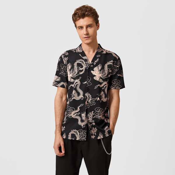 

Men Revere Collar Dragon Print Shirt, Black