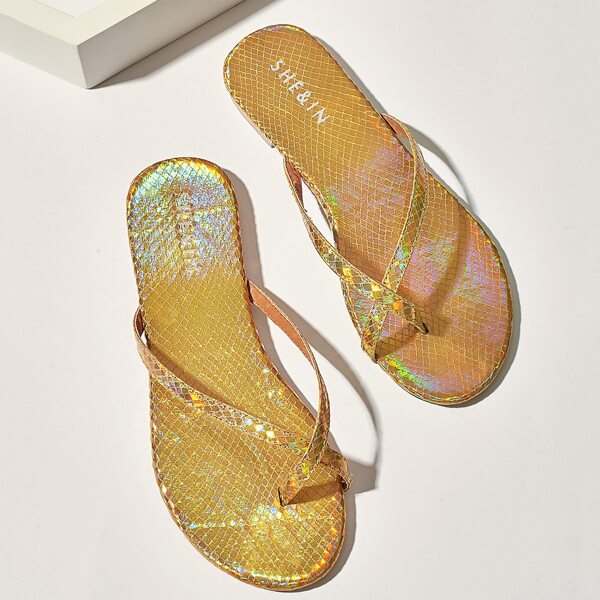 

Toe Post Metallic Slide Sandals, Gold