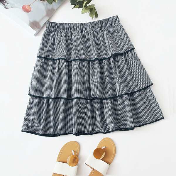 

Plus Contrast Piping Layered Ruffle Gingham Skirt, Blue and white