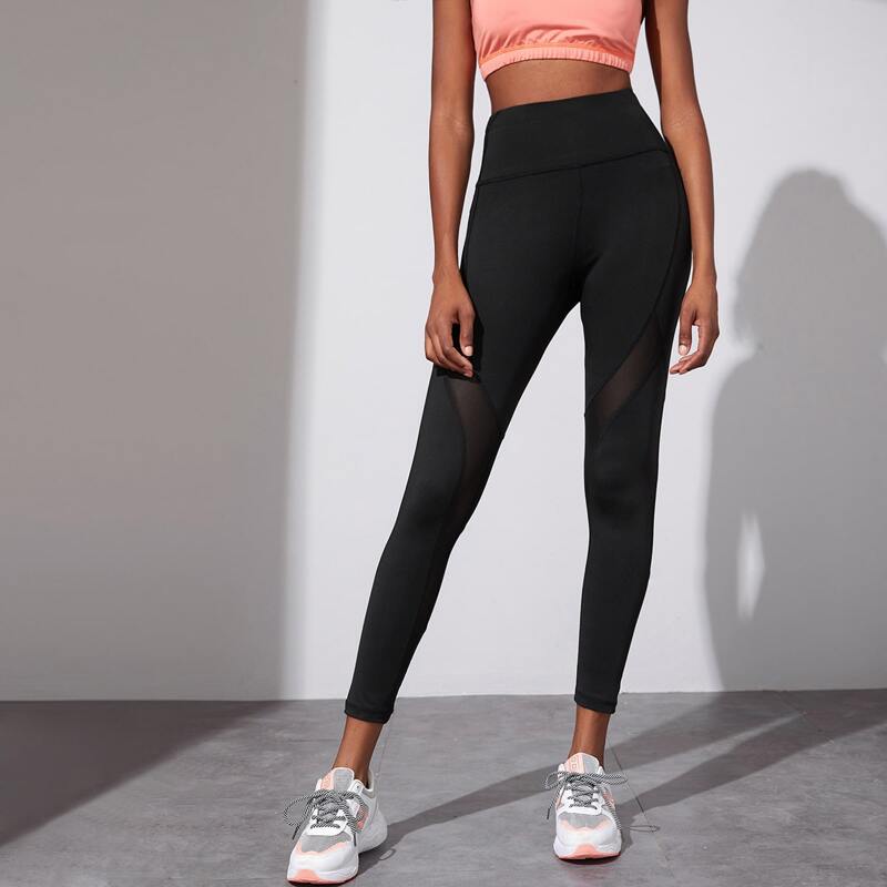 

Solid Mesh Insert Sports Leggings, Black