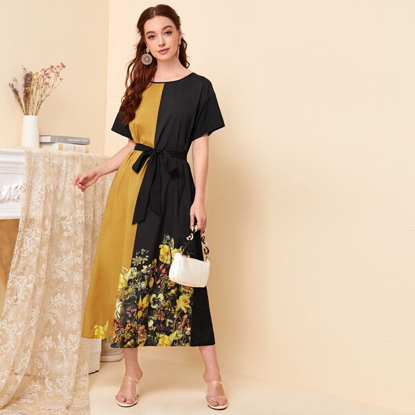 

Floral Print Colorblock Belted Dress, Multicolor