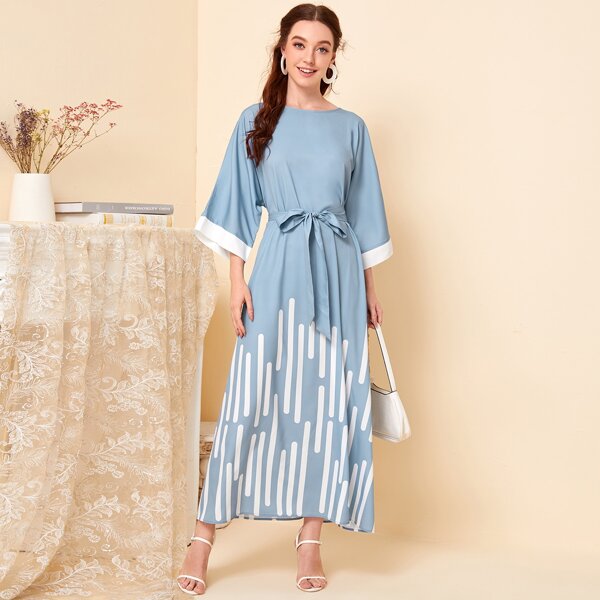 

Contrast Cuff Stripe Print Belted Dress, Dusty blue