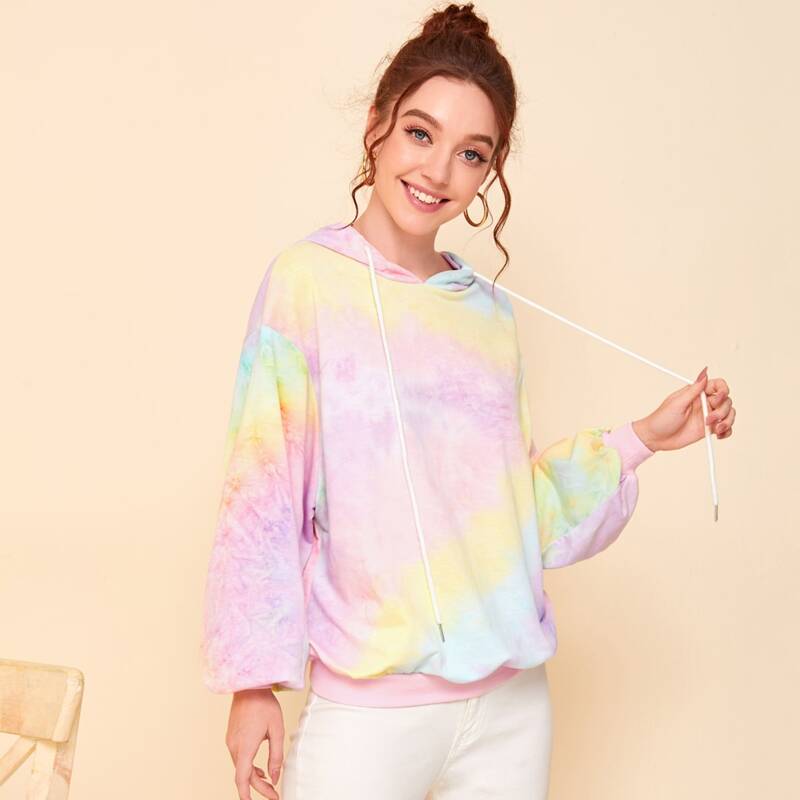 

Drop Shoulder Drawstring Detail Tie Dye Hoodie, Multicolor