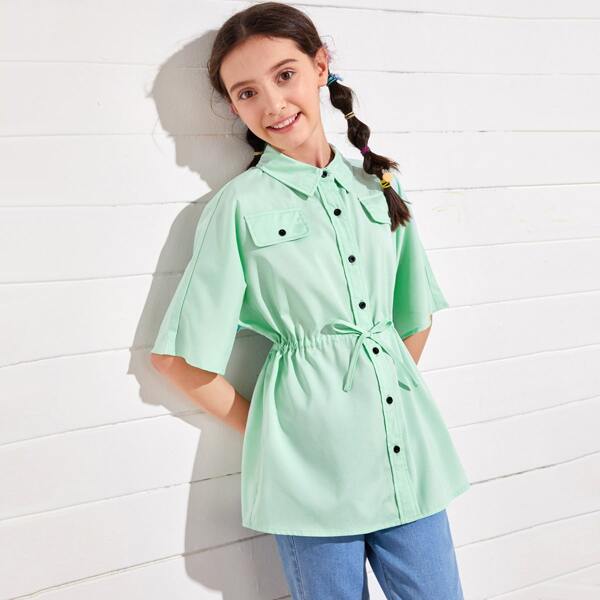 

Girls Drawstring Waist Flap Pocket Blouse, Pastel mint green