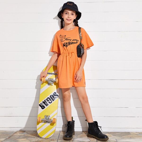 

Girls Drop Shoulder Split Hem Letter Graphic Dress, Orange bright