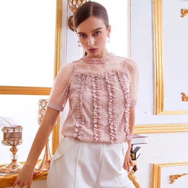 

Frill Trim Dobby Mesh Top, Pastel dusty pink