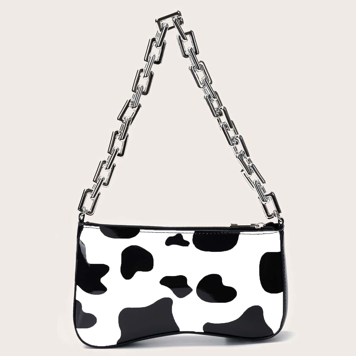 

Cow Print Baguette Bag, Black and white