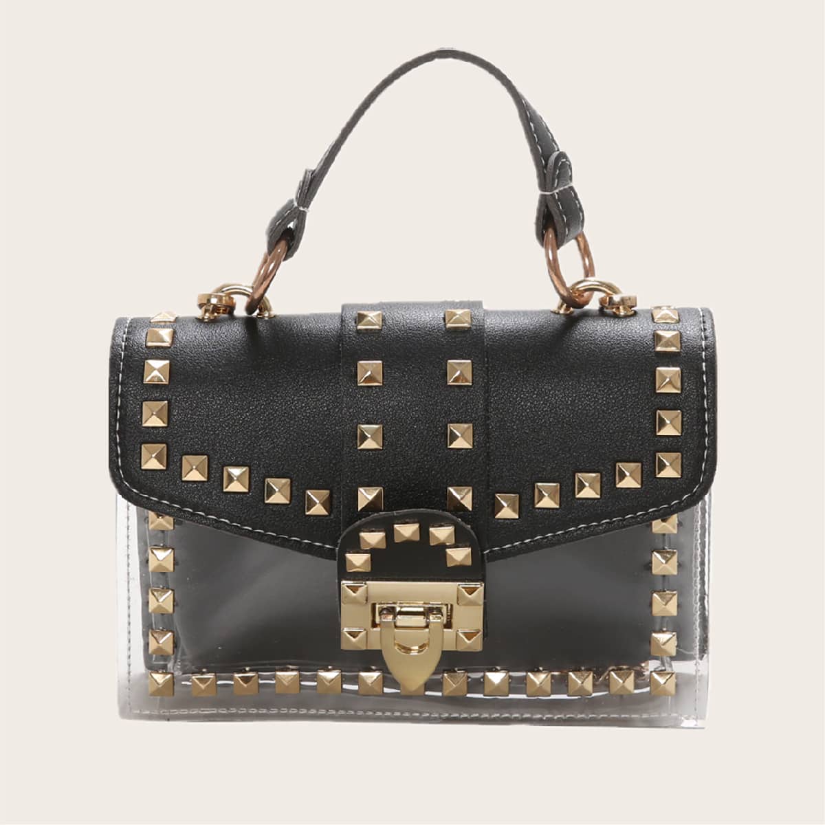 

Spiked Clear Chain Satchel Bag, Black