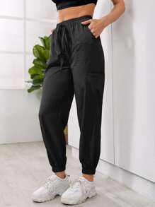 Pantalones deportivos con bolsillo con nudo unicolor - Negro - Ver 3