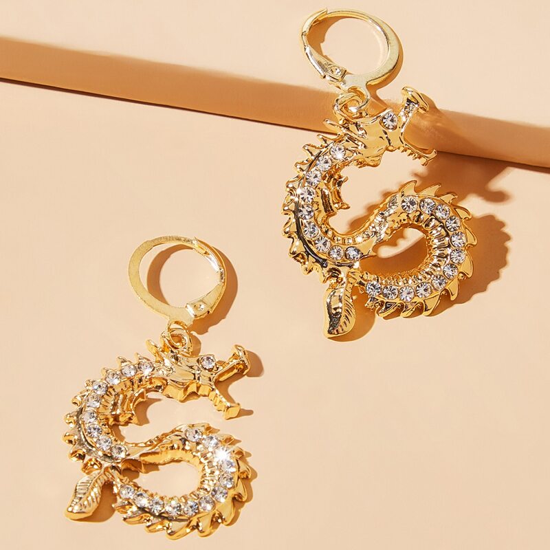 

Rhinestone Dragon Drop Earrings, Gold