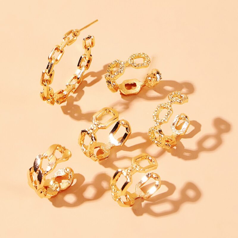 

6pcs Textured Chain Earring Set, Gold