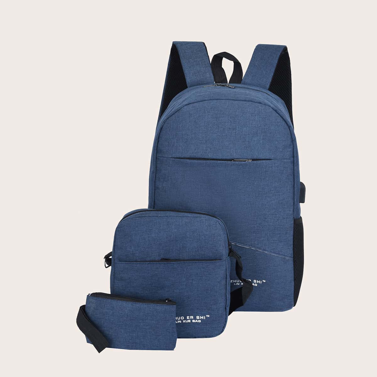 

3pcs Letter Graphic Backpack With Crossbody Bag, Blue