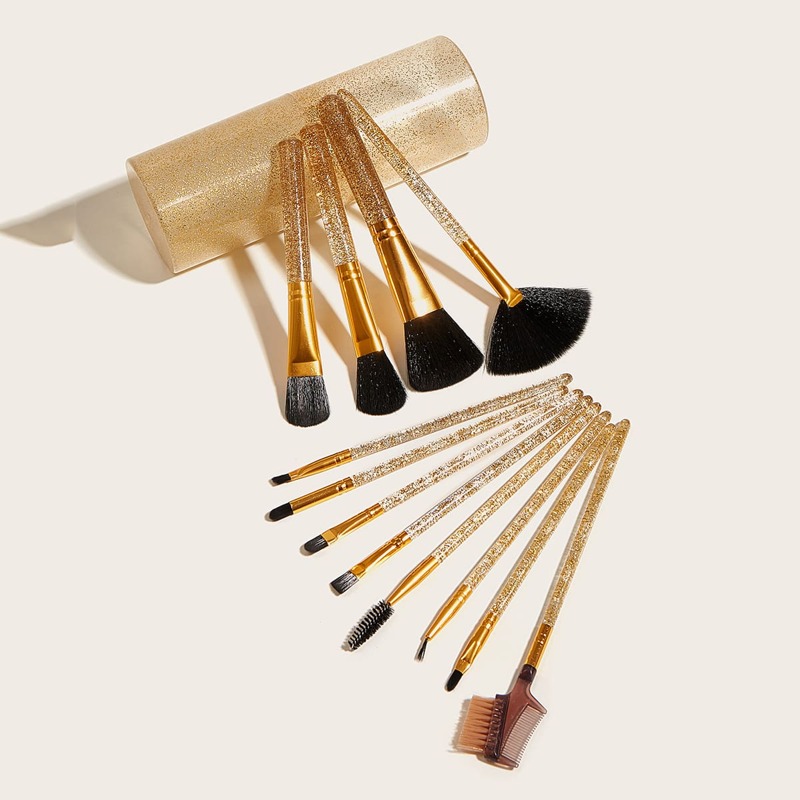

12pcs Soft Makeup Brush With Glitter Brush Case, Gold