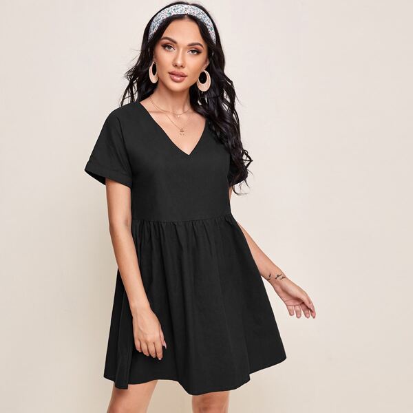 

V-neck Solid Smock Dress, Black