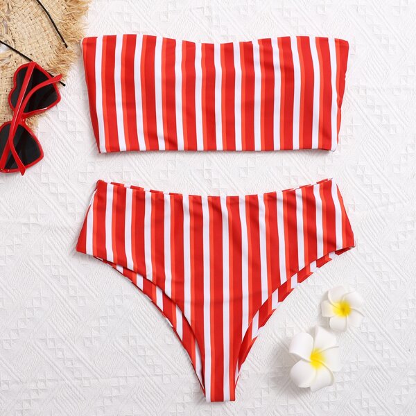 

Striped Bandeau Bikini Swimsuit, Red and white