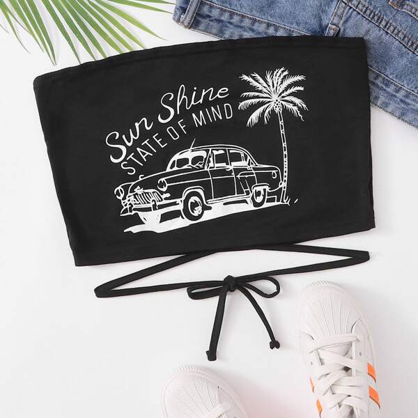 

Car & Letter Graphic Knotted Tube Top, Black