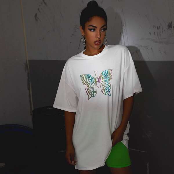 

Drop Shoulder Butterfly Print Longline Tee, White