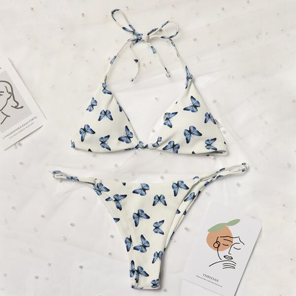 

Butterfly Print Triangle Thong Bikini Swimsuit, Multicolor
