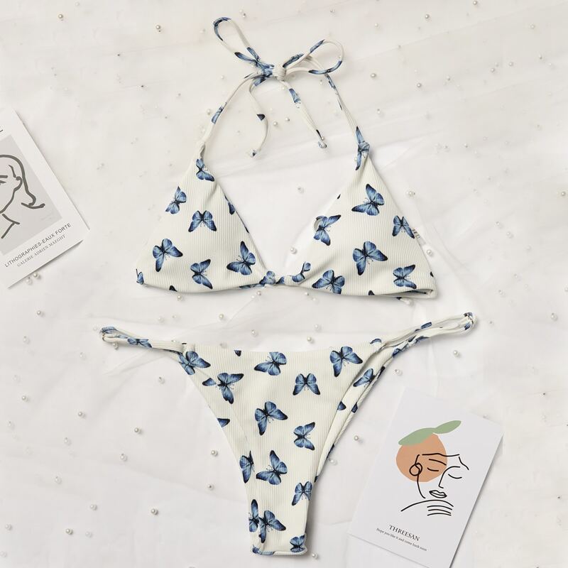 

Butterfly Print Triangle Thong Bikini Swimsuit, Multicolor