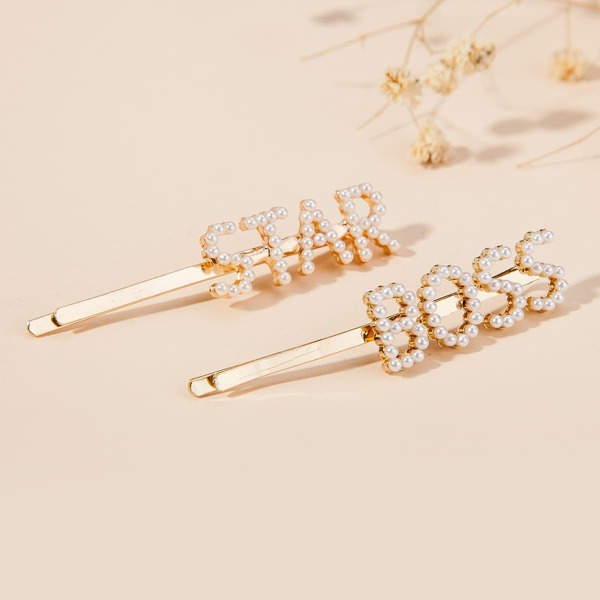 

2pcs Toddler Girls Faux Pearl Star Hair Clip, Gold