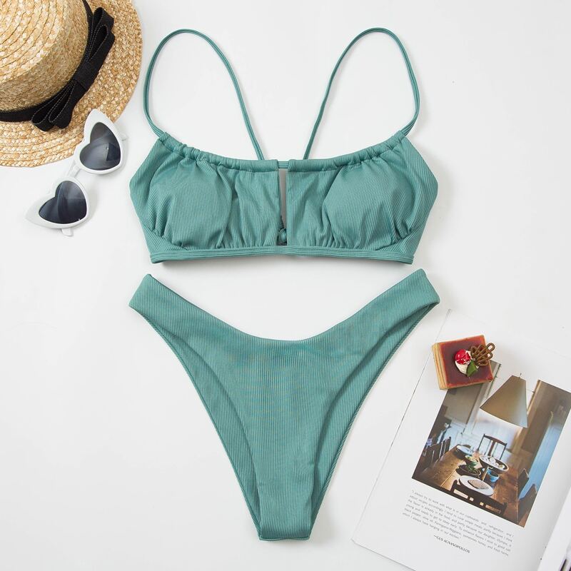 

Rib Ruched Bust High Cut Bikini Swimsuit, Cadet blue