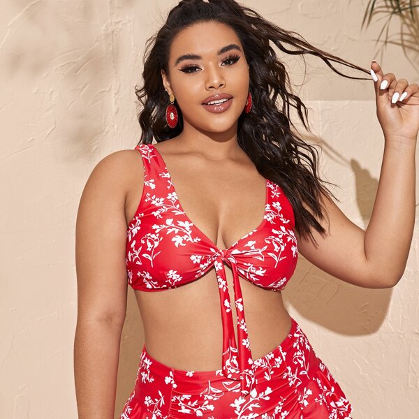 

Plus Floral Knot Front Ruffle Bikini Swimsuit, Red and white