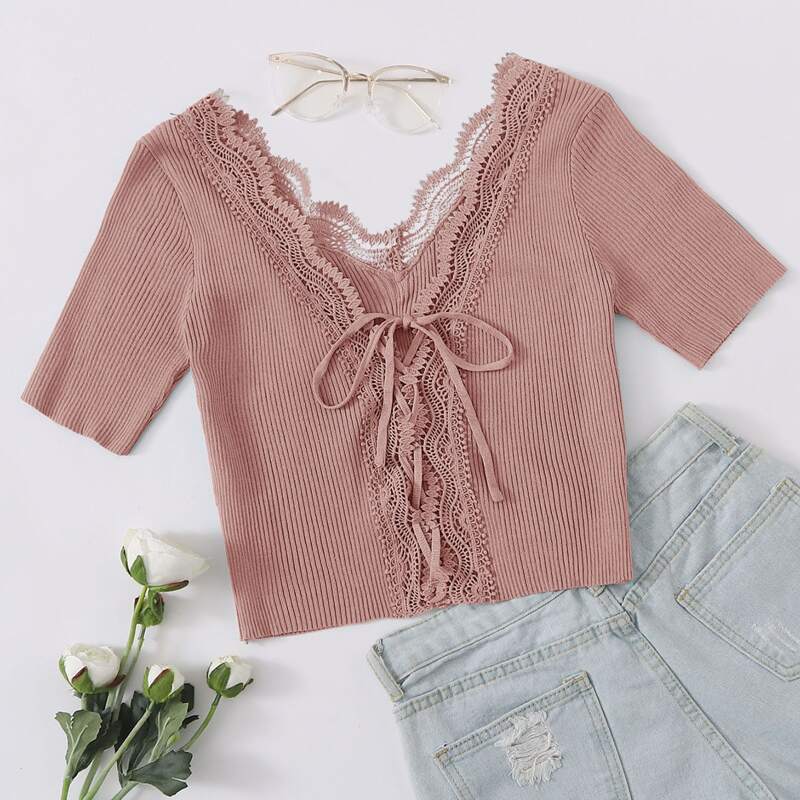 

Guipure Lace Trim Lace Up Knit Top, Dusty pink