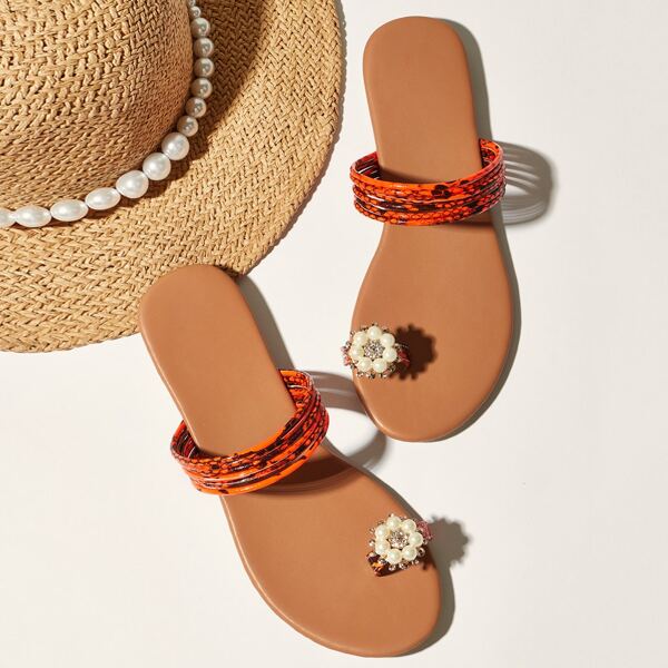 

Faux Pearl Decor Toe Loop Slide Sandals, Orange