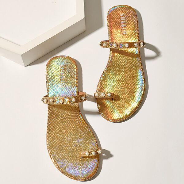 

Faux Pearl Decor Toe Loop Slide Sandals, Gold