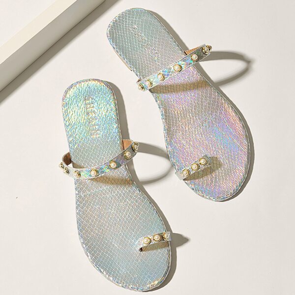 

Faux Pearl Decor Toe Loop Slide Sandals, Silver