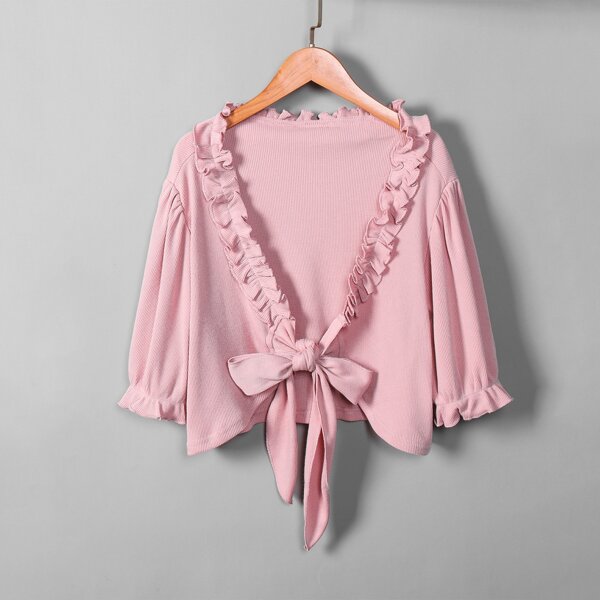 

Plus Tie Front Flounce Sleeve Frill Top, Baby pink