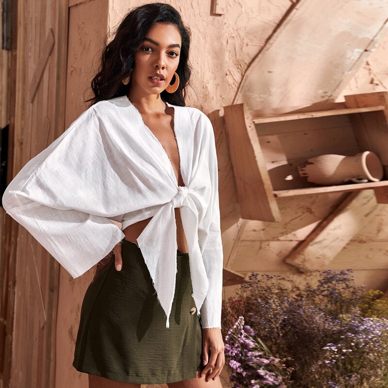 

Raw Hem Batwing Sleeve Tie Front Crop Top, White
