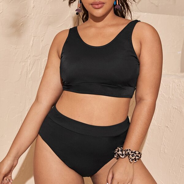 

Plus Rib High Waisted Bikini Swimsuit, Black