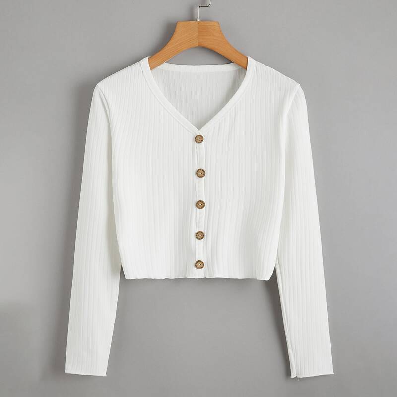 

Button Front Rib-Knit Crop Tee, White