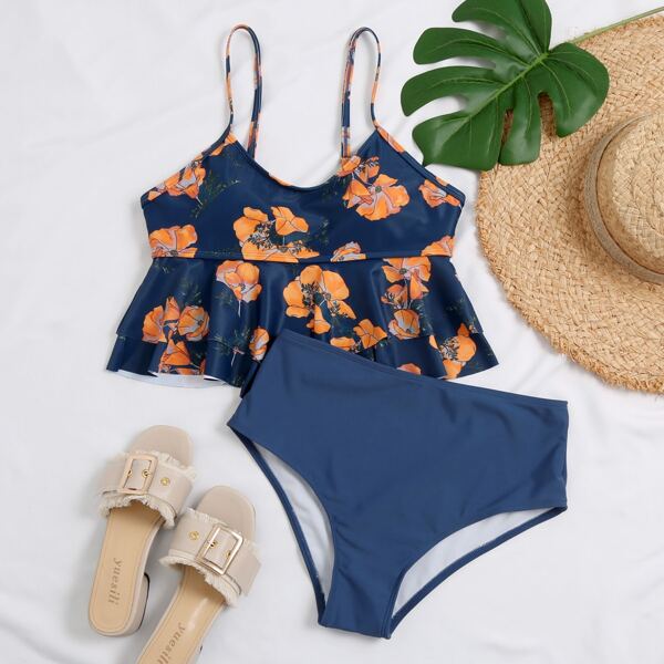 

Floral Ruffle Hem High Waisted Bikini Swimsuit, Navy blue