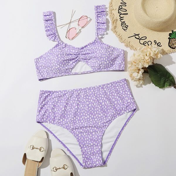 

Plus Allover Print Cut-out Ruffle Bikini Swimsuit, Pastel lilac purple